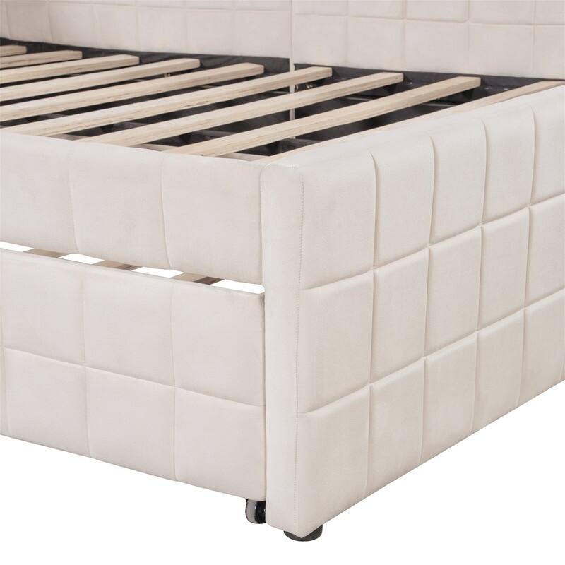Full Size Upholstered Daybed with Twin Size Pop Up Trundle and USB Ports, Modern Daybed Frame Sofa Bed with L-Shaped Backrest