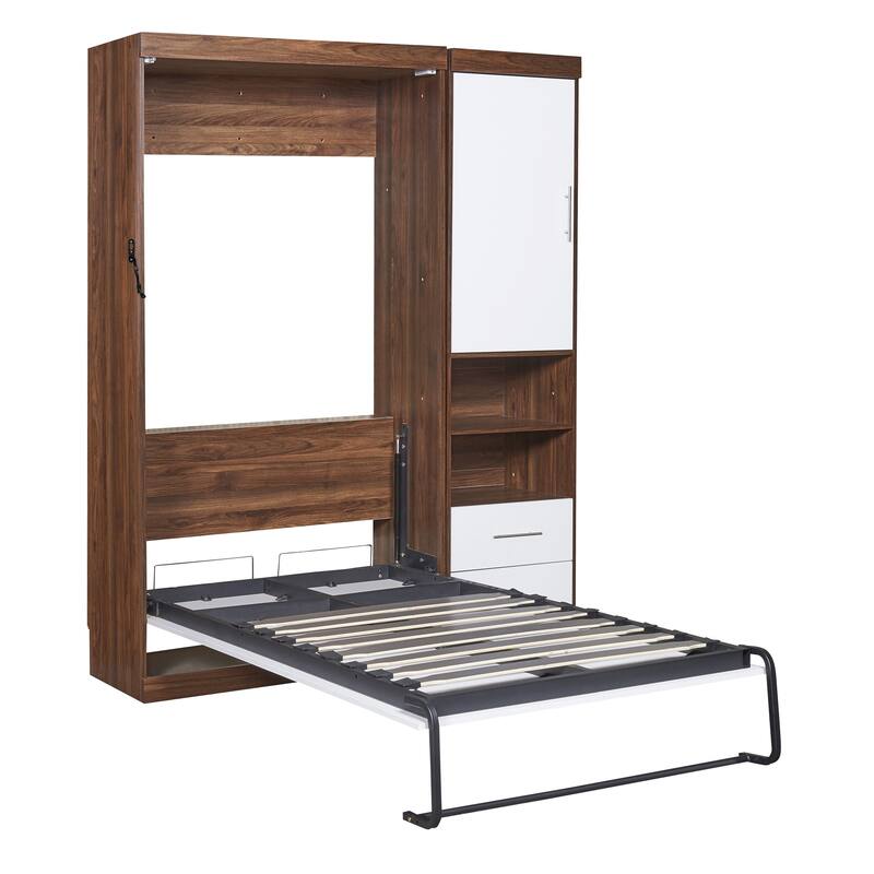 Twin Size Space-Saving Wall Bed with Multi-Layer Cabinet, White