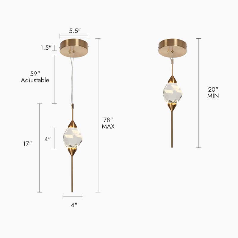 Modern LED Crystal 1-Light Pendant Light for Kitchen Island - 4" Dia. x 17" H