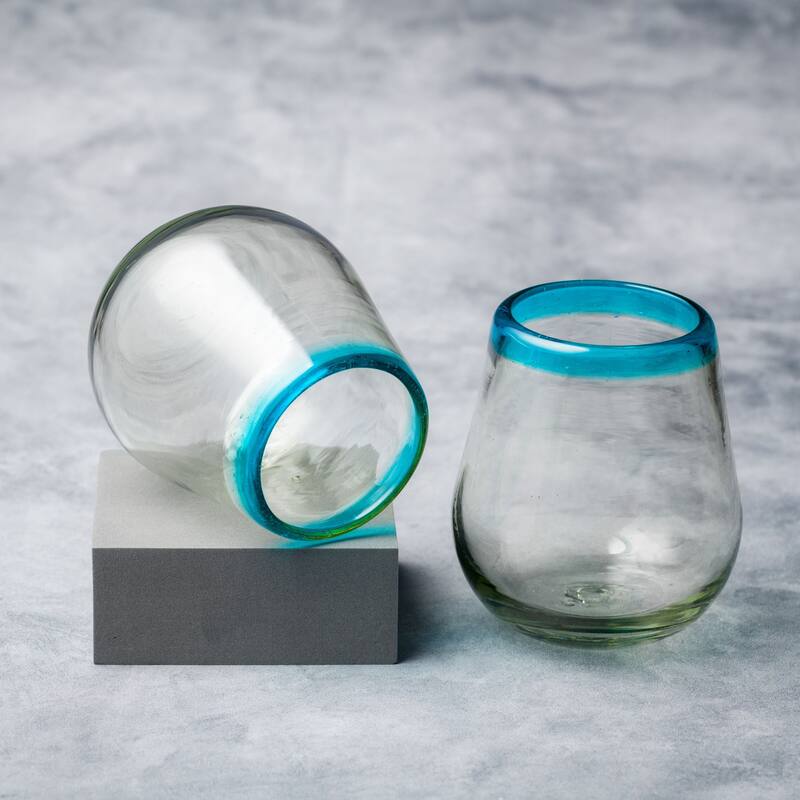 10 Strawberry Street Aqua Rim Handblown Mexican Glassware, Set of 6