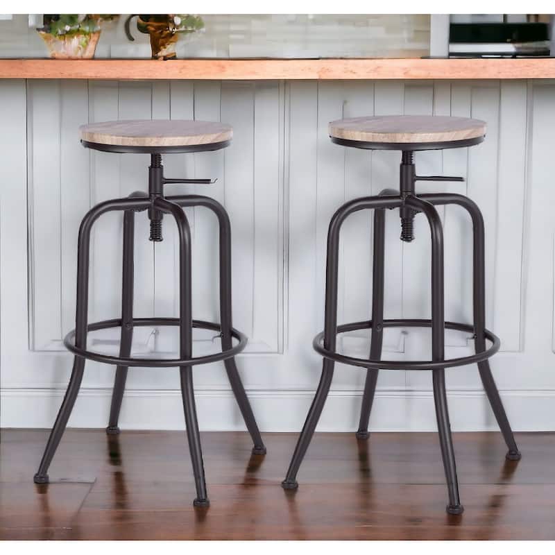 HomeRoots Set of Two Natural And Black Solid Wood And Steel Swivel Backless Counter Height Bar Chairs - Adjustable - Set of 2 - Natural
