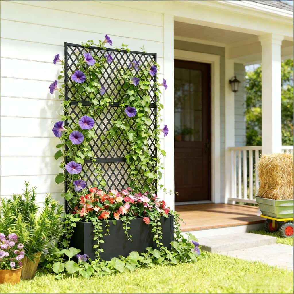 Decorative Planter Box with Diamond Lattice Trellis for Vining Plants