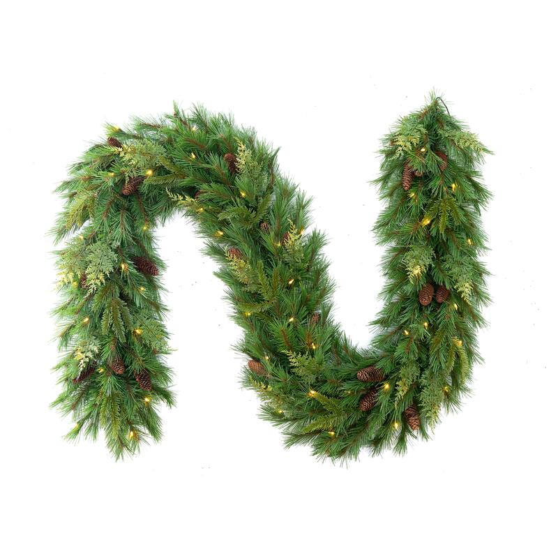 6' or 9' Mixed Mountain Cypress B/O Garland w/WW & Multi LED Lights