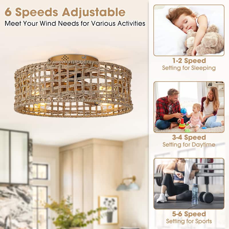 17.7" Natural Corn Straw Rope Gold Fandelier Flush Mount Ceiling Fan with Remote and App