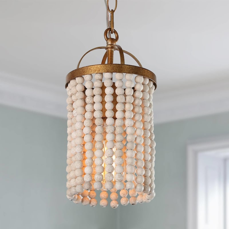 Alisar Mid-century Modern Mini Boho Kitchen Island Pendant with Distressed White Wood Beads - D 6"x H 12" - 1-Light