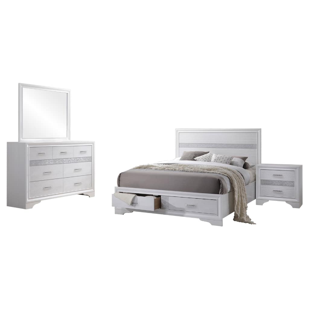 Vino White 4 Piece Queen Bed Set with Storage, Glitter Accent