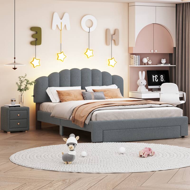 2-Pieces Bedroom Sets Teddy Fleece Upholstered Platform Bed w/ Drawer