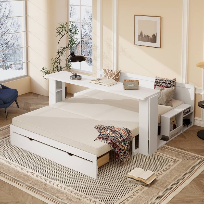 4-in-1 Multifunctional Daybed Storage Bed Frame with Removable Desk, Drawers, Bookcase Shelves and Hydraulic Side Tables - White - Queen