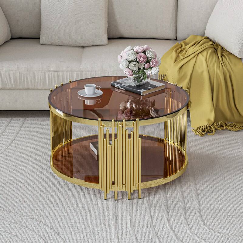 Modern Gold Round Coffee Table with Brown Glass Top & Stainless Steel Legs - 31.5"