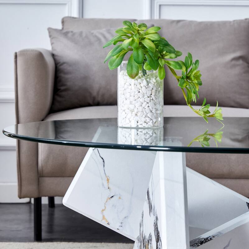 Roomfitters Round Glass Coffee Table with White Patterned MDF Legs, 33.4" Modern Accent Table for Living Room