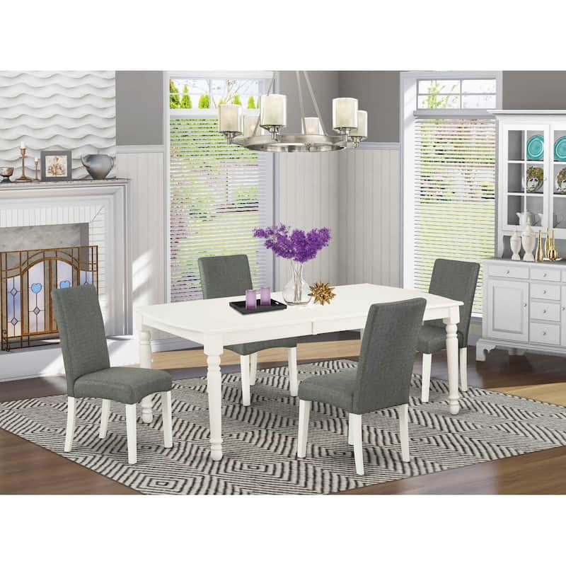 Renaissance Revival Dining Set - 60x78" Table w/ Leaf & 4 Parsons Chairs - Linen White Legs, Gray Fabric