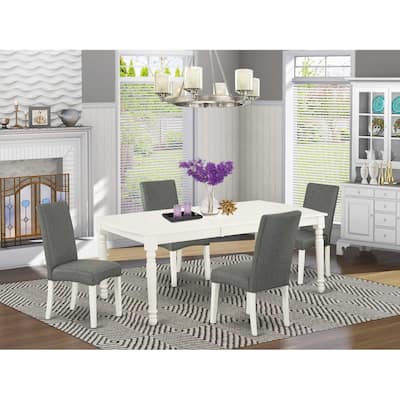 Renaissance Revival Dining Set - 60x78" Table w/ Leaf & 4 Parsons Chairs - Linen White Legs, Gray Fabric