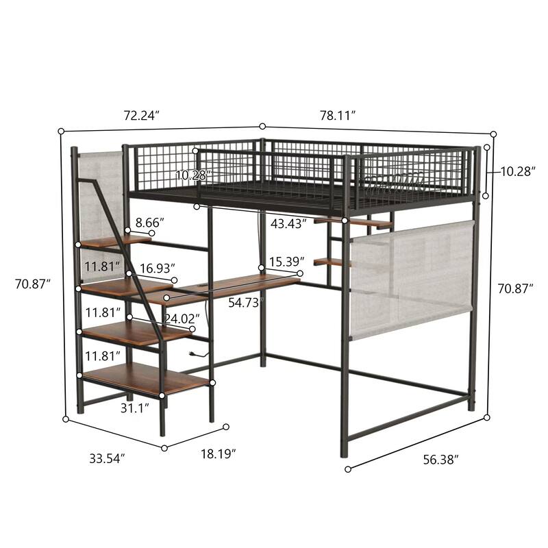Full size loft metal bed with white for bedroom and dormitory, with built-in charging station and LED lighting