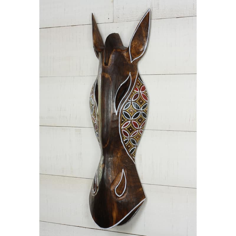 Safari Giraffe Wall Art Hand Carved Wooden Mask with Tribal Dot Motif, Rustic Boho Decor