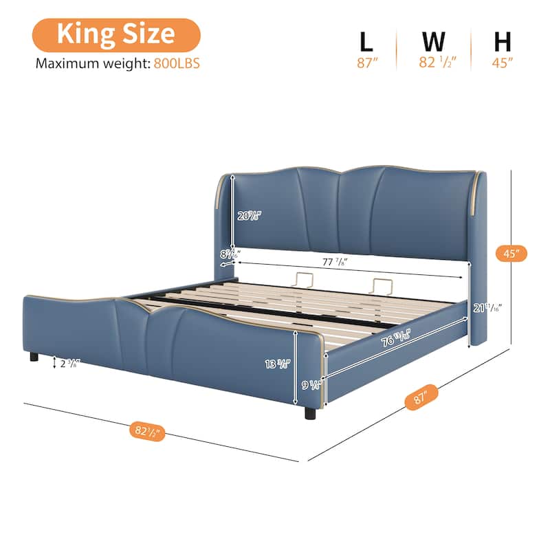 Modern King Size Upholstered Bed Frame with Wingback Headboard and Wavy Footboard, No Spring Box Needed, Antique Blue