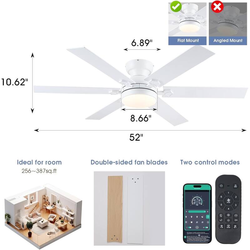 46/52 inch Flush Mount Ceiling Fan with Light,Remote and APP Control,6 Dual Side Blades,Reversible DC Motor