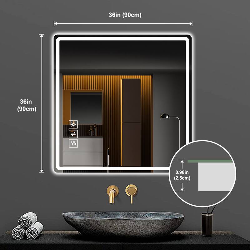 36 x 36 in LED Bathroom Mirror, Anti-Explosion Glass, Rust-Resistant, Anti-Fog Features, Tri-Color Changing - Silver