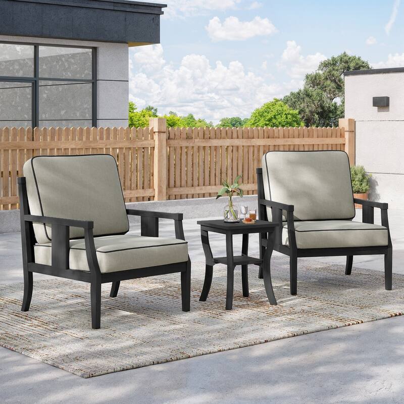 3-Piece Solid Teak Outdoor Patio Furniture Set Armchairs & Storage Table - Blackframe-Light Camel - Black Frame