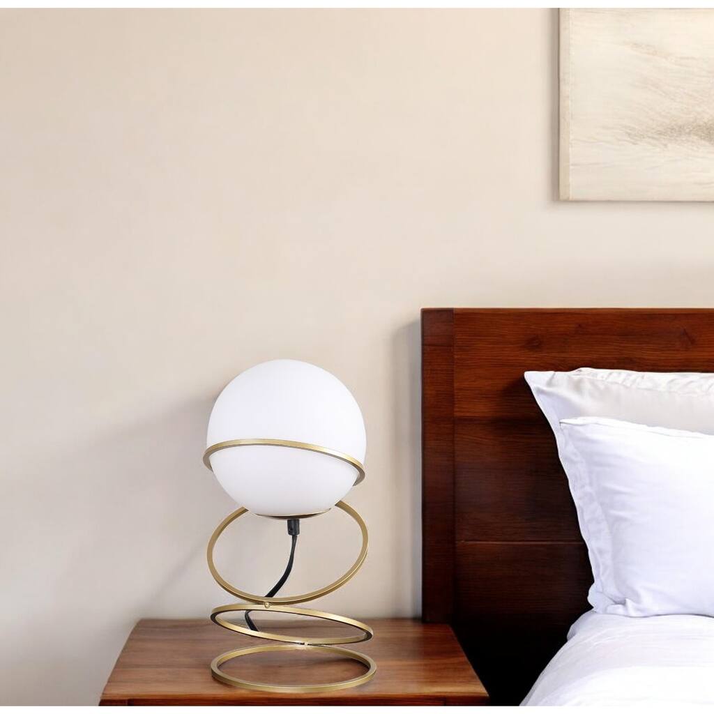 HomeRoots 14" Gold Metal Geo Spiral Bedside Lamp With White Globe Shade - 7