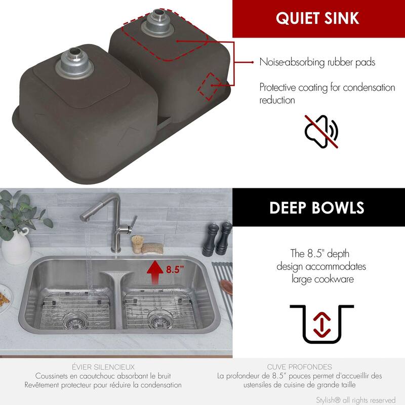 STYLISH 32.25 inch Low Divider Double Bowl Undermount and Drop-in Kitchen Sink - 32.25" x 18.9" x 9"