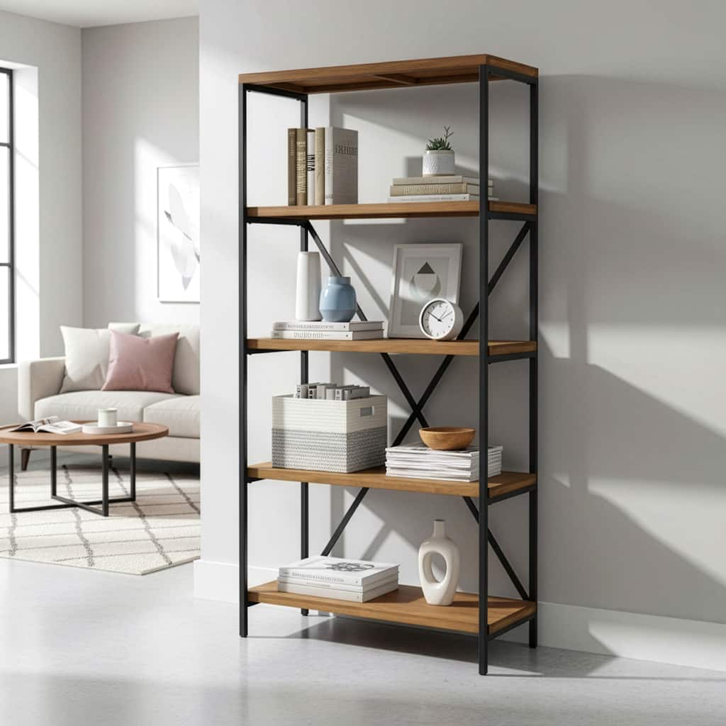 Ailis 67-inch Pine Wood 5-shelf Etagere Bookcase with Metal Frame