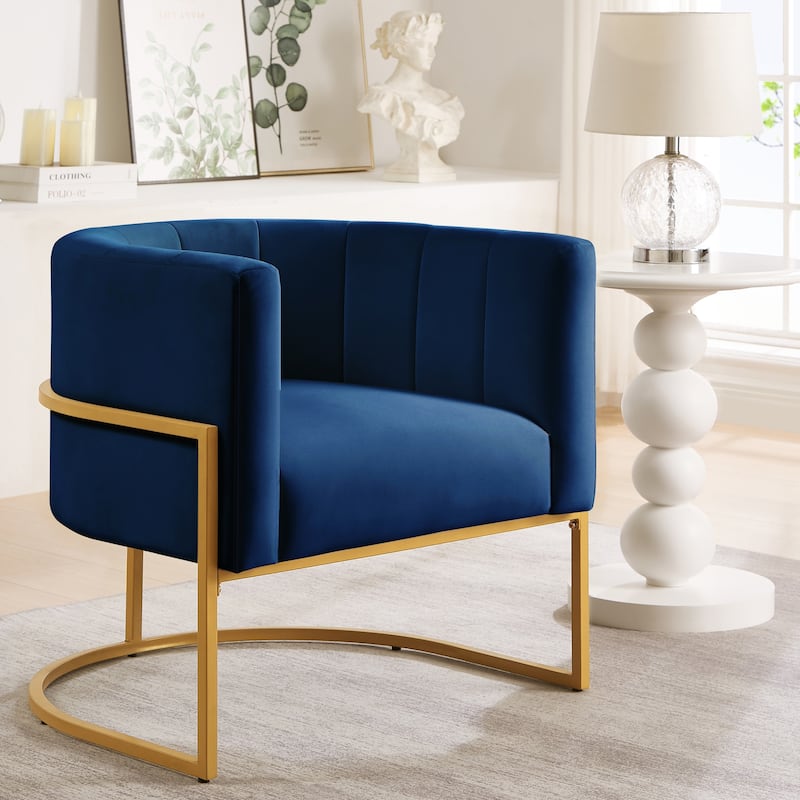 Upholstered Velvet Accent Chair with Golden Metal Stand,Leisure Chair with Curve Backrest - Navy