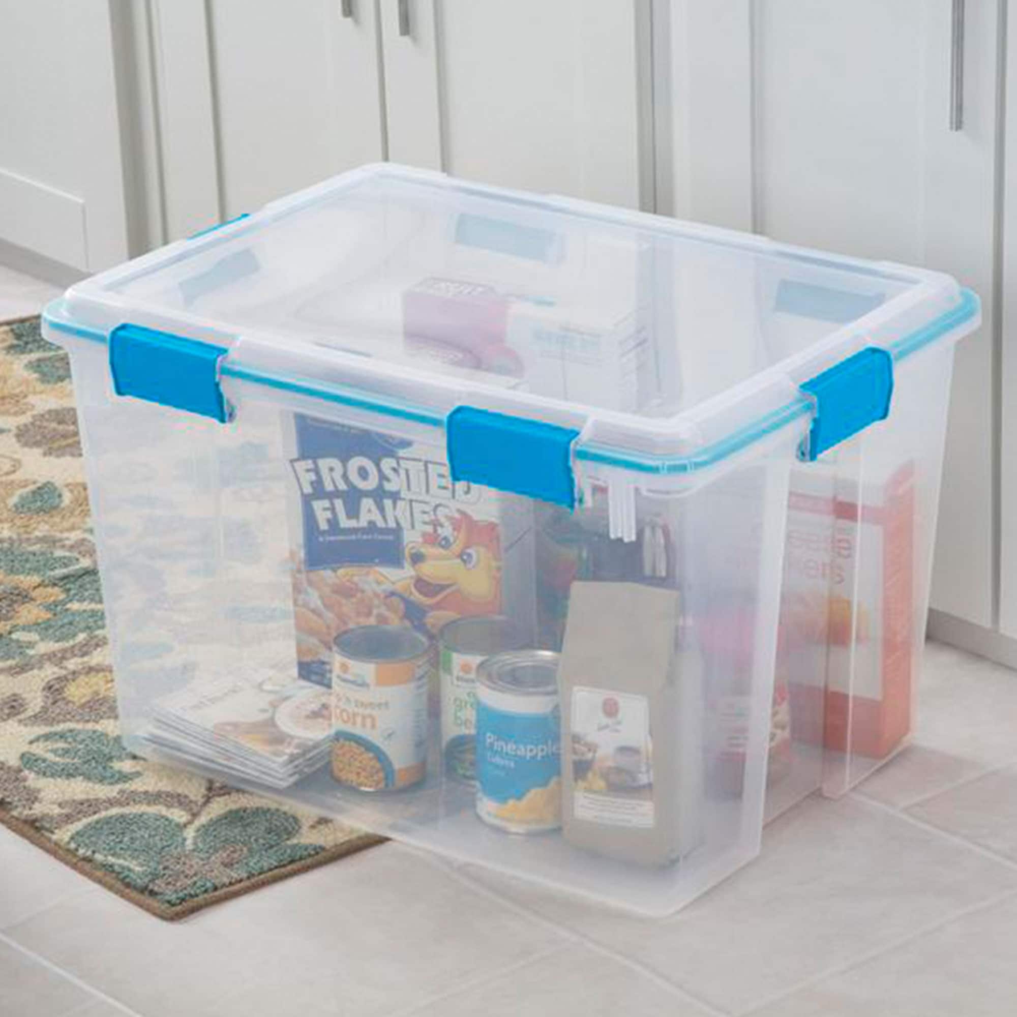 Sterilite 32 Qt Gasket Box, Stackable Storage Bin with Latching Lid and  Tight Seal Plastic Container to Organize Basement, Clear Base and Lid,  16-Pack