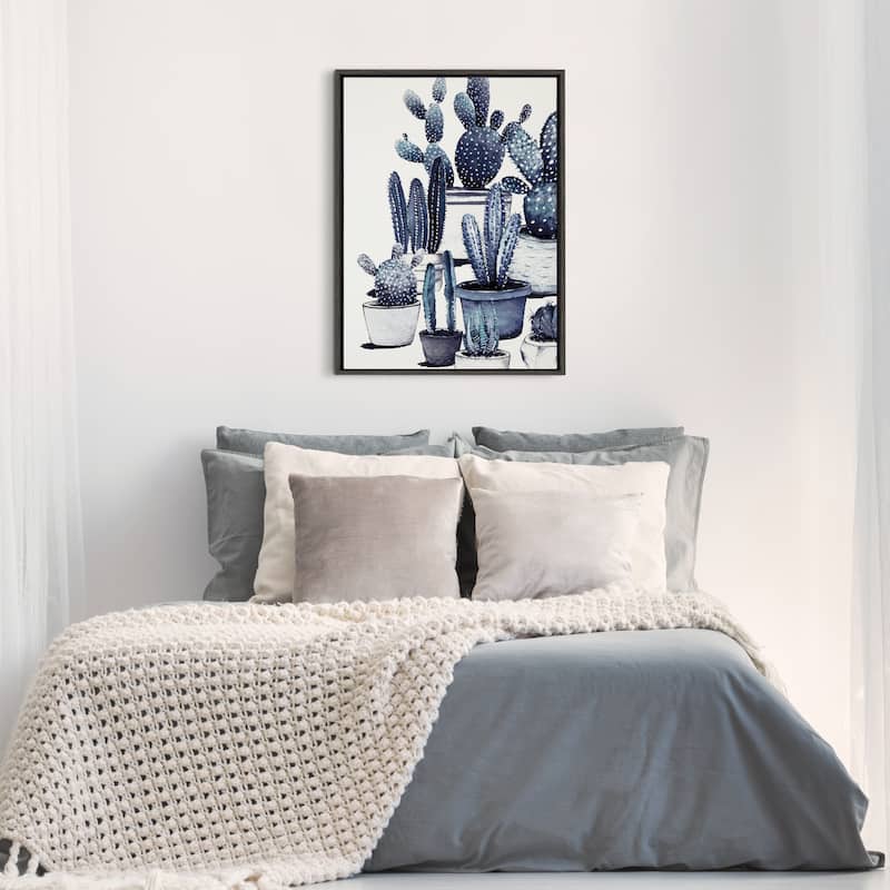 Kate and Laurel Sylvie Blue Potted Cacti Framed Canvas