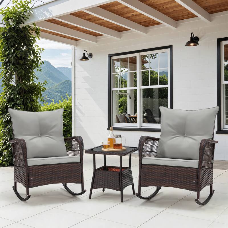 EROMMY 3-Piece Outdoor Rocking/Swivel Chair Set - PE Rattan Patio Furniture with Cushions & Coffee Table, Rocker Chairs - PE Rattan & Rocking - Grey