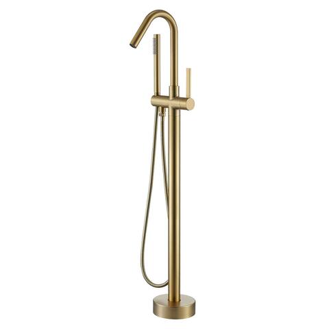 Freestanding Tub Faucet With Hand Shower Floor Mount Tub Filler Brushed Gold Bathtub Faucets Single Handle Modern Bathroom Taps