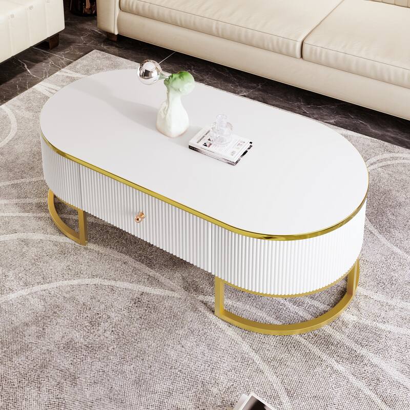 Sleek Oval Coffee Table, White MDF Top with Gold Lacquer Base, Storage Drawers, 47.2"