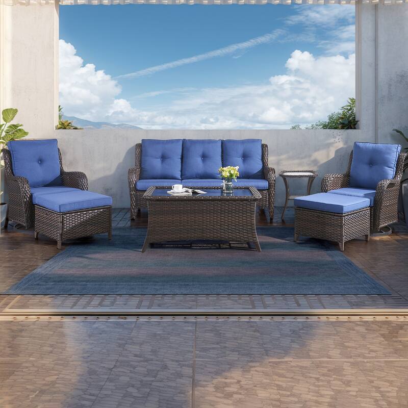 Gymojoy 7 Piece Outdoor Sofa Swivel Rocker Chairs Set - Brown - Blue