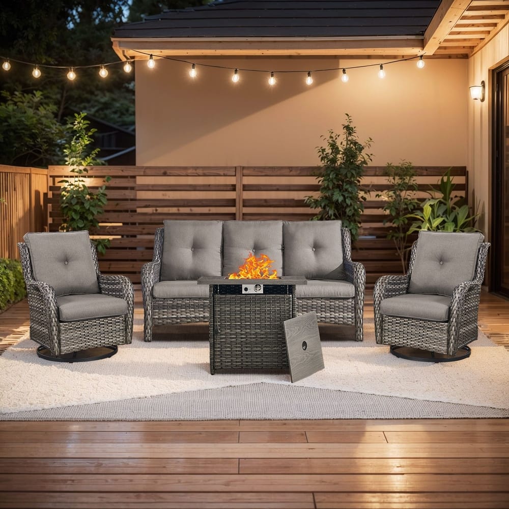 Gymojoy 4-Piece Outdoor Furniture Set, 2 Swivel Glider Chairs, 3-Seat Sofa & 55K BTU Fire Pit Table