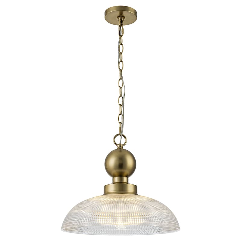 1-Light Gold Pendant Light Shallow Half-Dome Textured Grid Glass Shade - Dia.15.75-in - Dia.15.75-in