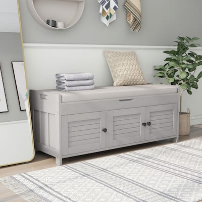 Storage Shoes Bench with 3 Shutter-shaped Doors and Removable Cushion