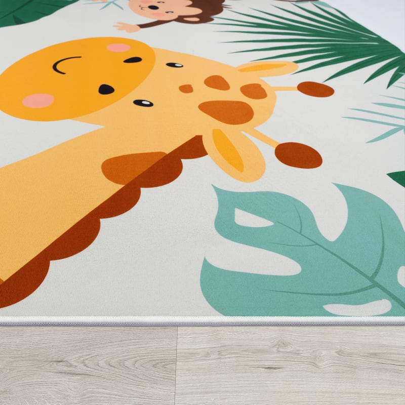 Kids Rug Play-Mat with Giraffe Lion & Monkey in Beige