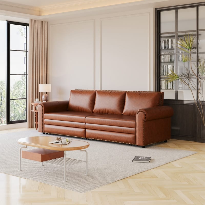 3-in-1 King Pull Out Sofa Bed Chesterfield Sofa, Velvet/Faux Leather Convertible Sleeper Sofa with Nailhead Trim & Rolled Arm