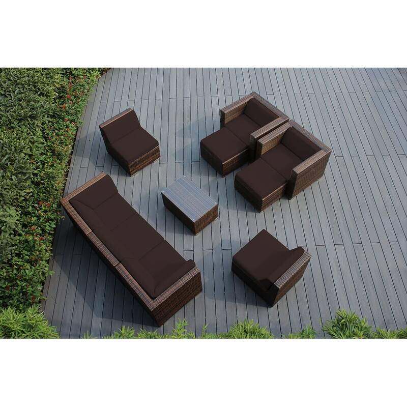Ohana Outdoor Patio 10 Pc Mixed Brown Wicker Seating Set with Cushions - No Assembly - Brown