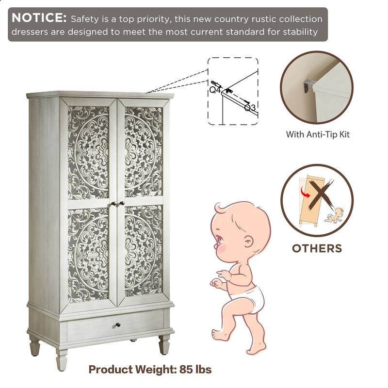 Carved Accent Cabinet Kitchen Pantry Cabinet with Doors, 55" Tall Storage Cabinet with Solid Wood Legs