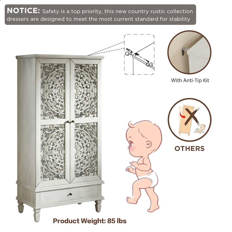 Rossetta Rustic Vintage Design 2-Door Carved Wood Storage Cabinet with Drawer, Solid Wood Legs