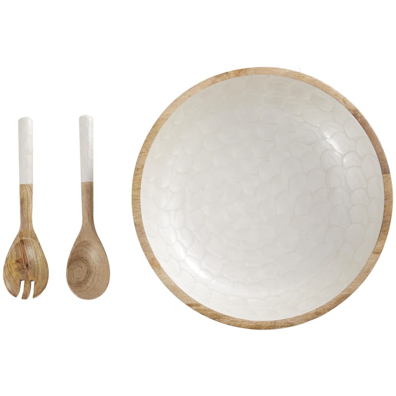 Mango Wood Handmade Decorative Bowl with Matching Salad Serving Utensils - Set of 3 Cream or Green - Roche River Decor