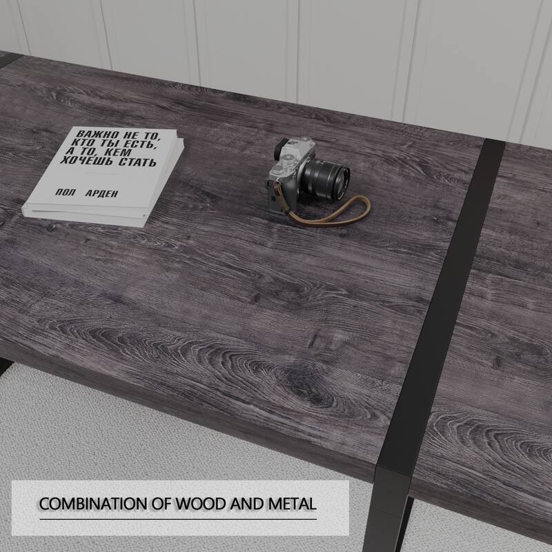 59 " dining table modern industrial rectangular, 1.5" thick engineering wood tabletop and black rectangular metal legs