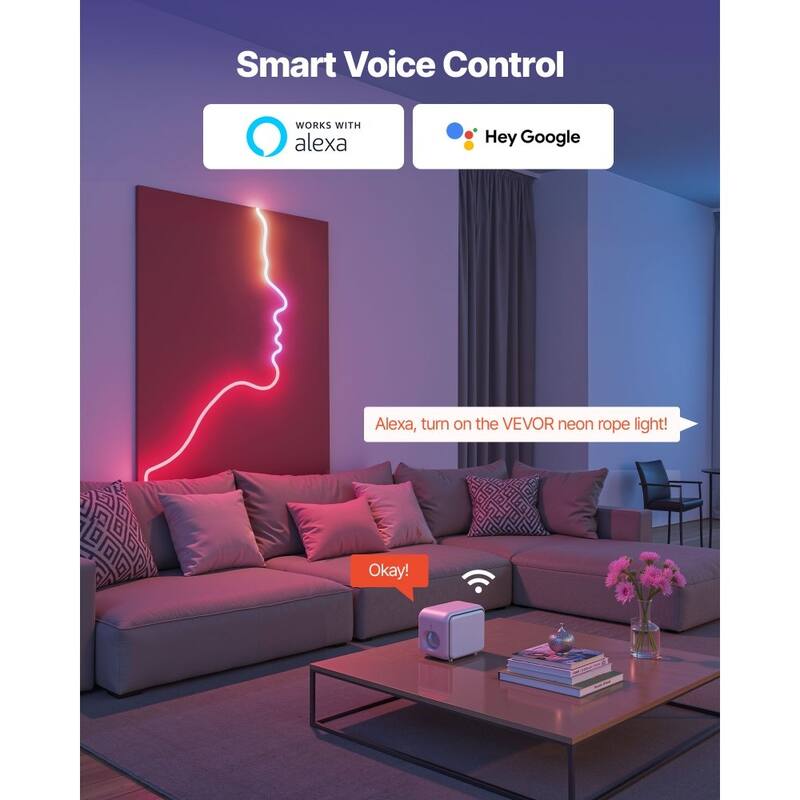 16.4ft RGBIC LED Neon Rope Light with Music Sync Smart Voice and App Control for Home Decor - 16.4'Long