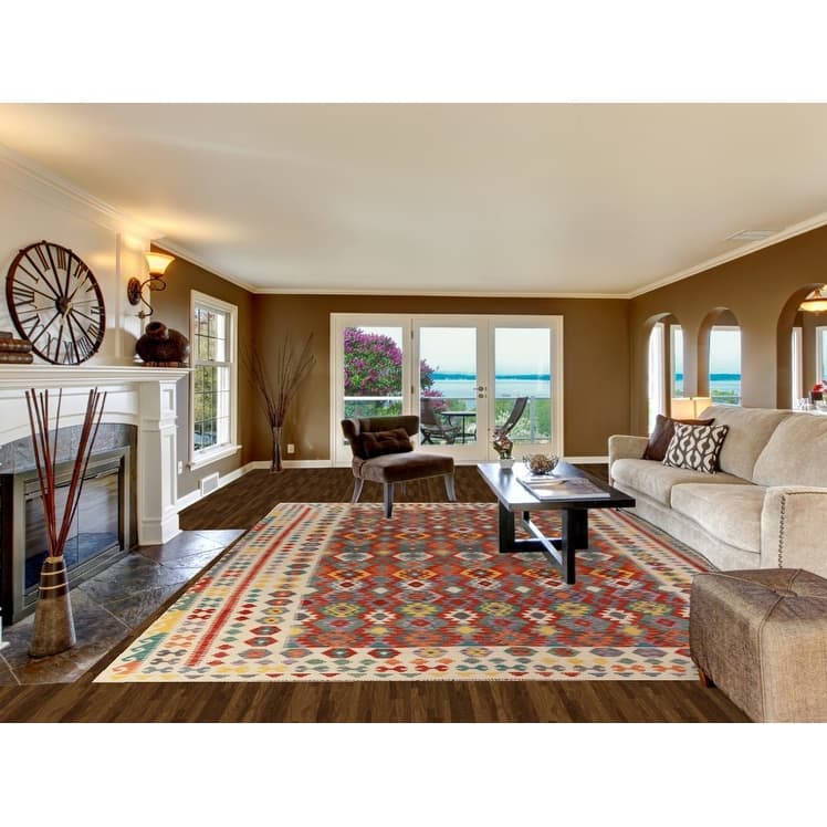 Kilim Oriental Area Rug Hand-Woven Geometric Wool Carpet - 10'3"x 13'1"