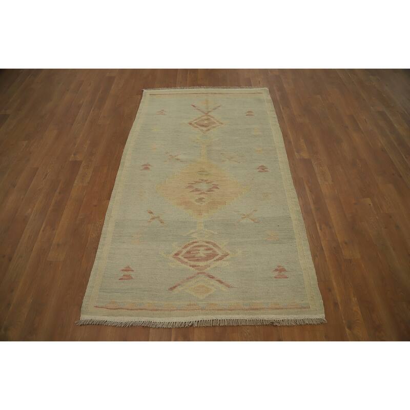 Hand Woven Oriental 100% Wool Carpet Southwestern Tribal Greys & Charcoal Kilim Area Rug - 5' 6'' X 3' 2''