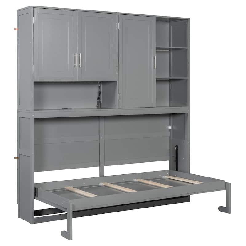 Cube Wall Cabinet Bed Space Saving Murphy Bed Foldable Wooden Bed with Top Cabinet and Light & USB, Twin Size Storage Daybed