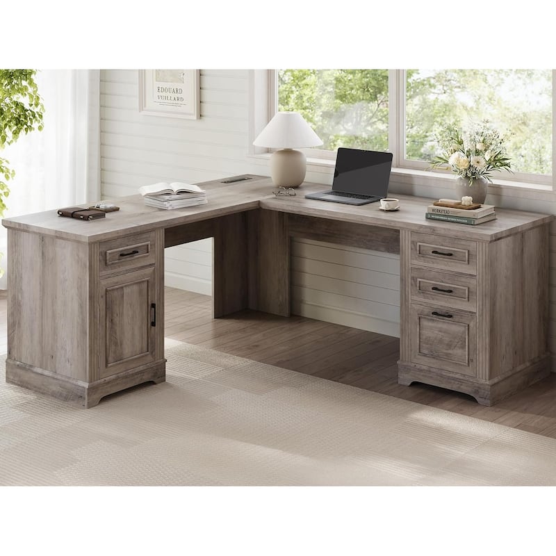 Executive L Shaped Desk Office Desk Drawers Storage Drawers Cabinet - 69"  - Grey