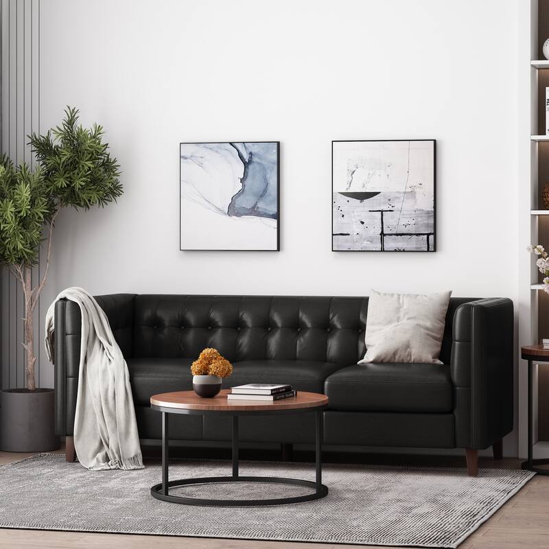 3-Seat Sofa with Tufted Back, Smooth Upholstery, Birch Legs