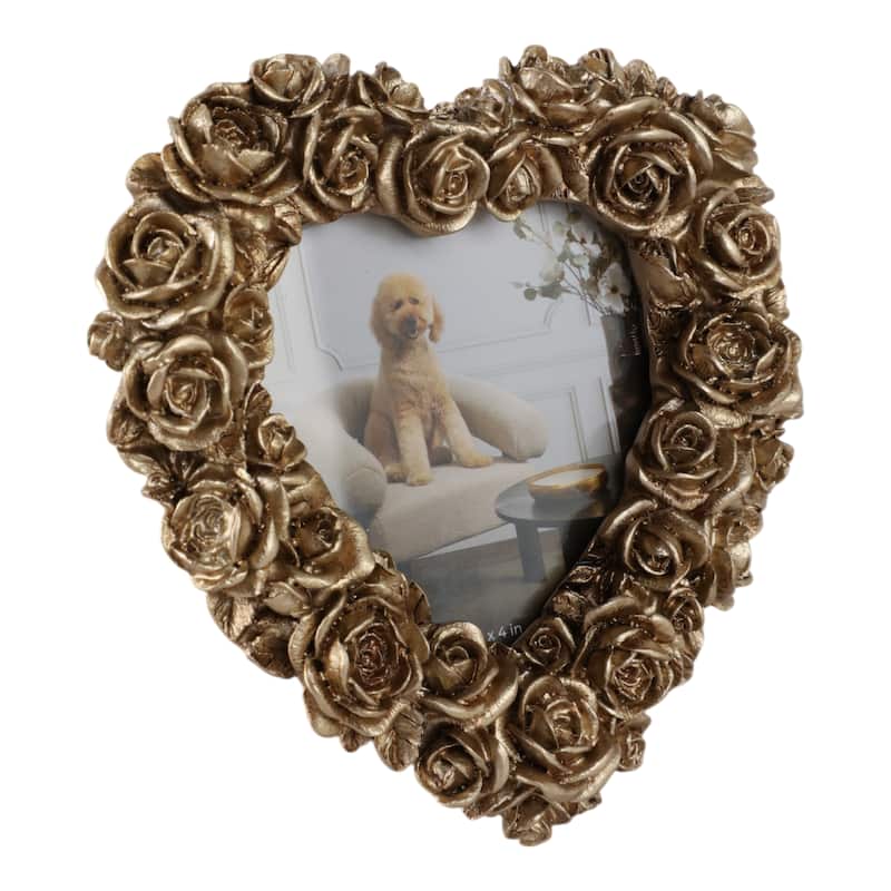 Polyresin Heart Shape Photo Frame 3D Rose Glam Style Decor - 6" Gold