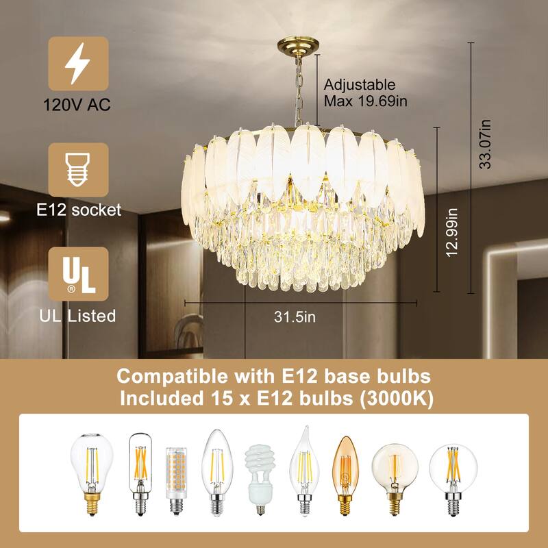 Modern Luxury Crystal Chandeliers, Adjustable Round Feather Crystal Pendant Light for Living Room, Bulbs Included